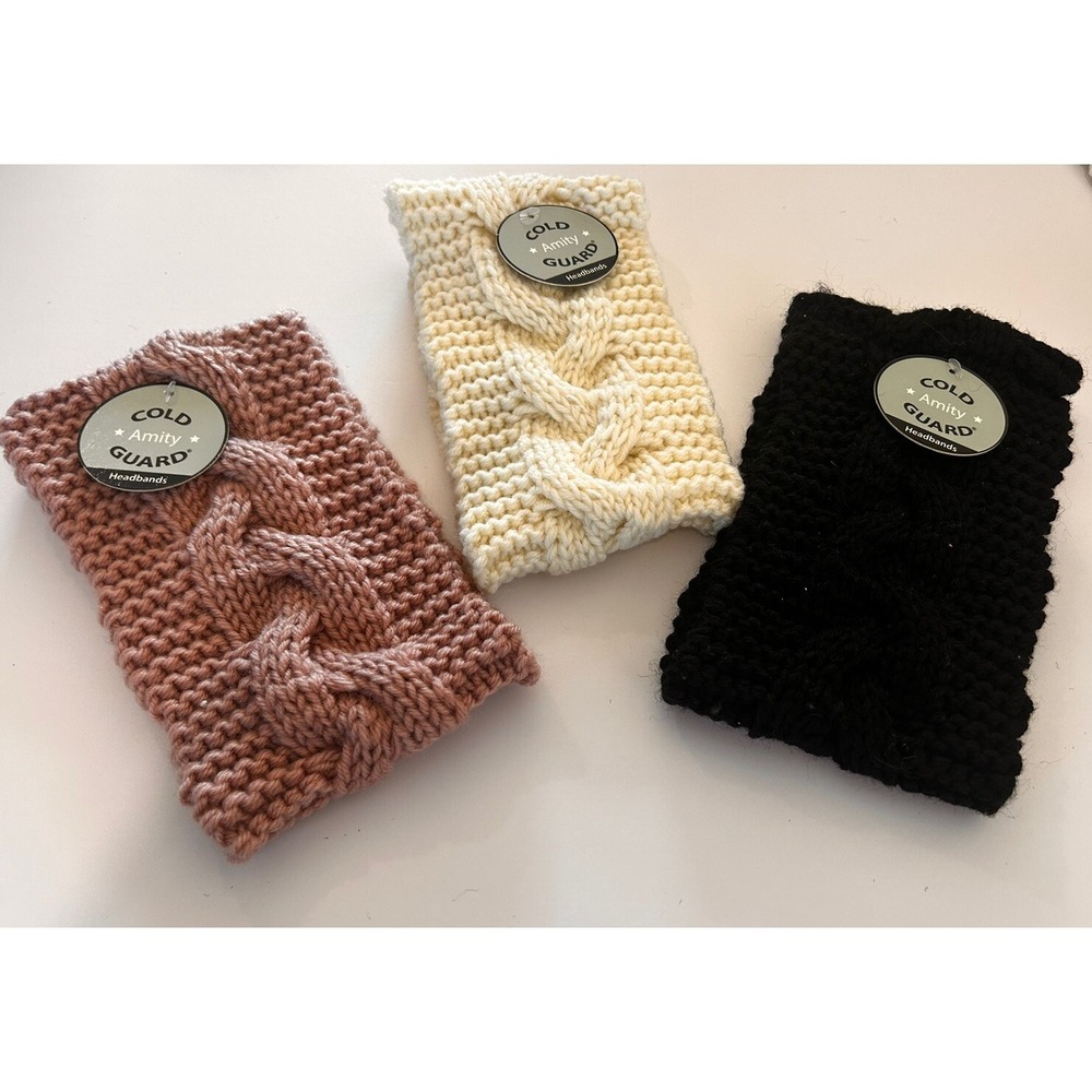 Knit Headbands Ear warmers Lot Of 3 Amity Cold Guard Mauve Cream Black New!